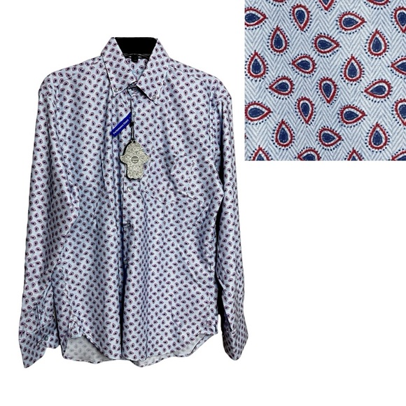 LUCHIANO VISCONTI BLACK Long Sleeve Performance Stretch Shirt Light Blue Print - Picture 1 of 10